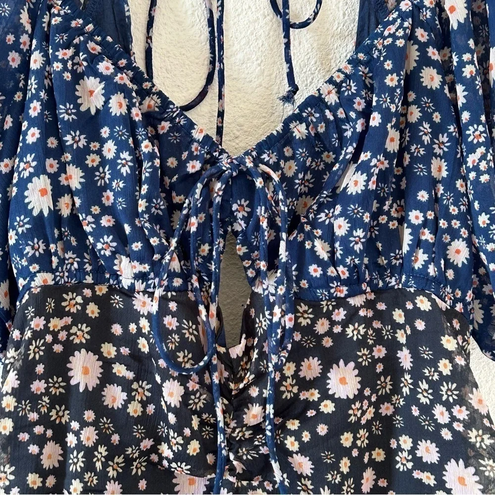 Free People Women’s Dress Medium Blue Gray Dixie Floral Print Off Shoulders Date